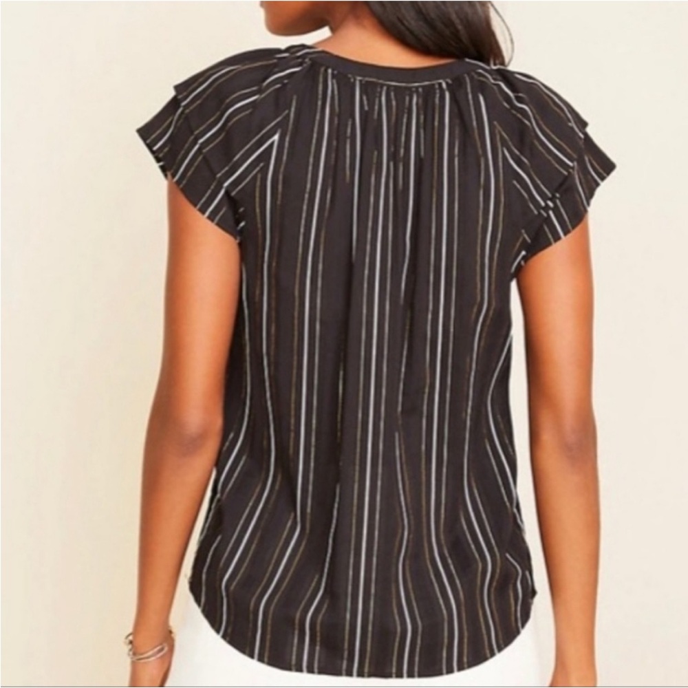 Ann Taylor Women’s Black White Gold Metallic Stripe Flutter Sleeve Tie Neck Top‎ - Picture 2 of 10